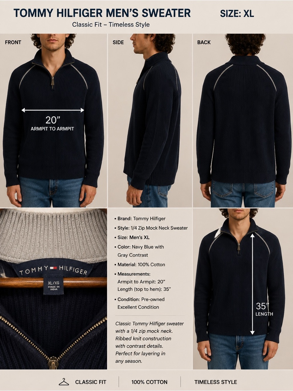Tommy Hilfiger Navy Blue Zip Mock Neck Sweater with Gray Contrast